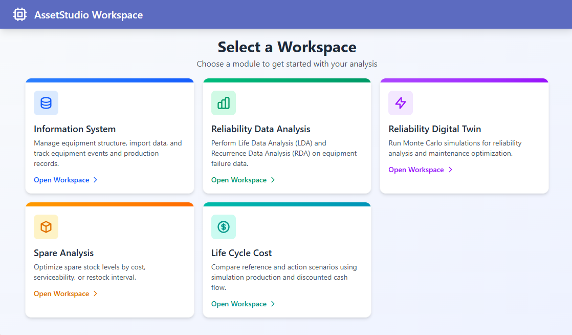 AssetStudio Workspace landing page showing five specialised engineering workspaces